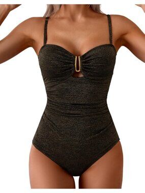 Eomenie One Piece Swimsuit, Cutout U Wire, Black with Gold shimmer, NWT, Medium